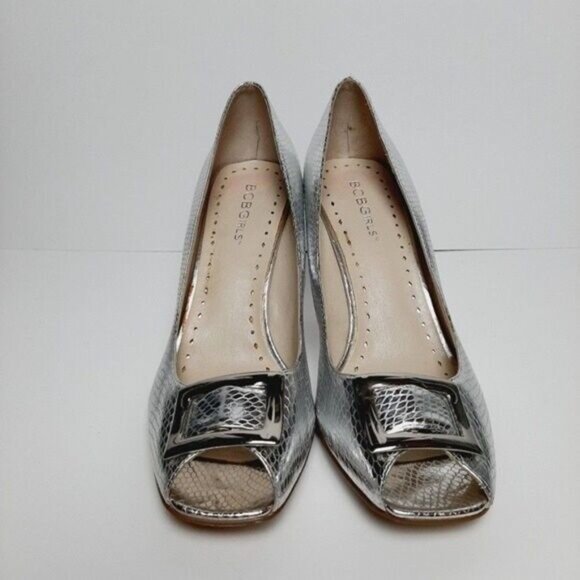 BCBGIRLS BCBG Girls Ivanx Silver Leather Peep-Toe Heels Sz 8.5 - Picture 4 of 12
